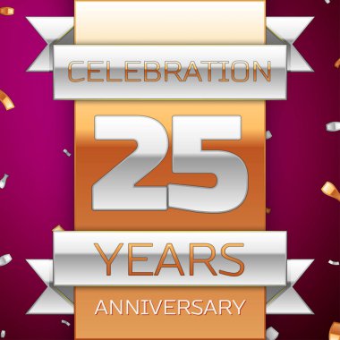 Gerçekçi yirmi beş yıl yıldönümü kutlama tasarım. Gümüş ve altın şerit, mor zemin üzerine konfeti. Doğum günü partin için renkli vektör şablon öğeleri. Yıldönümü şerit