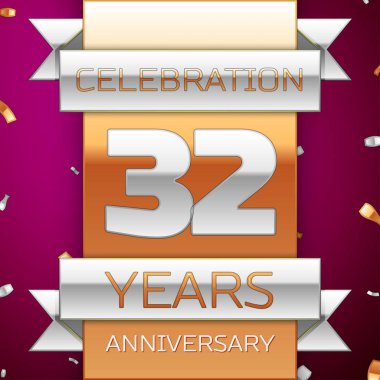 Gerçekçi otuz iki yıl yıldönümü kutlama tasarım. Gümüş ve altın şerit, mor zemin üzerine konfeti. Doğum günü partin için renkli vektör şablon öğeleri. Yıldönümü şerit