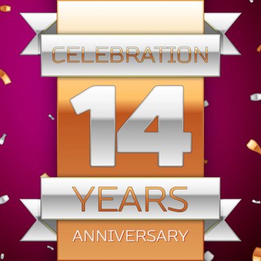 Gerçekçi on dört yıl yıldönümü kutlama tasarım. Gümüş ve altın şerit, mor zemin üzerine konfeti. Doğum günü partin için renkli vektör şablon öğeleri. Yıldönümü şerit