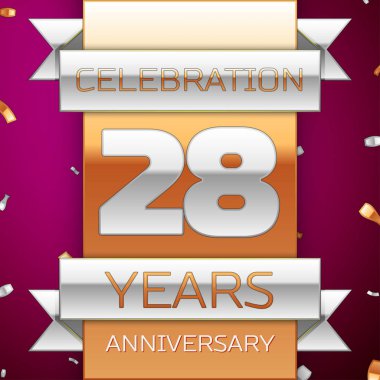 Gerçekçi yirmi sekiz yıl yıldönümü kutlama tasarım. Gümüş ve altın şerit, mor zemin üzerine konfeti. Doğum günü partin için renkli vektör şablon öğeleri. Yıldönümü şerit