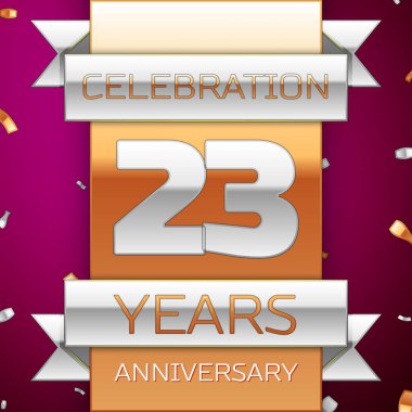 Gerçekçi yirmi üç yıl yıldönümü kutlama tasarım. Gümüş ve altın şerit, mor zemin üzerine konfeti. Doğum günü partin için renkli vektör şablon öğeleri. Yıldönümü şerit
