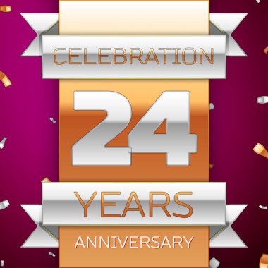 Gerçekçi yirmi dört yıl yıldönümü kutlama tasarım. Gümüş ve altın şerit, mor zemin üzerine konfeti. Doğum günü partin için renkli vektör şablon öğeleri. Yıldönümü şerit