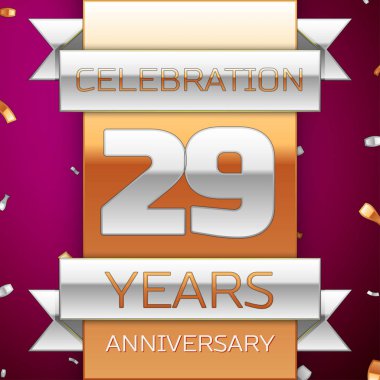 Gerçekçi yirmi dokuz yıl yıldönümü kutlama tasarım. Gümüş ve altın şerit, mor zemin üzerine konfeti. Doğum günü partin için renkli vektör şablon öğeleri. Yıldönümü şerit