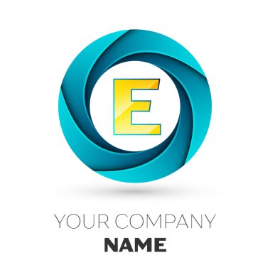 Gerçekçi harf E vektör logosu simgesi beyaz arka plan üzerinde renkli daire içinde. Tasarımınız için vektör şablonu
