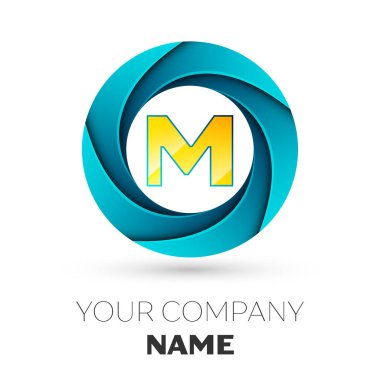Gerçekçi mektup M vektör logosu simgesi beyaz arka plan üzerinde renkli daire içinde. Tasarımınız için vektör şablonu