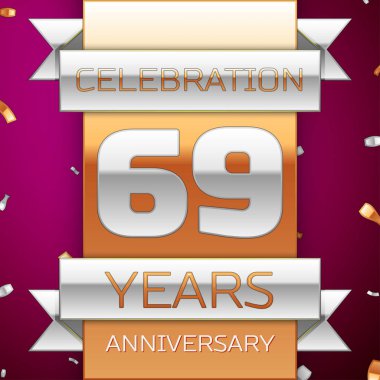 Gerçekçi Altmış dokuz yıl yıldönümü kutlama tasarım. Gümüş ve altın şerit, mor zemin üzerine konfeti. Doğum günü partin için renkli vektör şablon öğeleri. Yıldönümü şerit