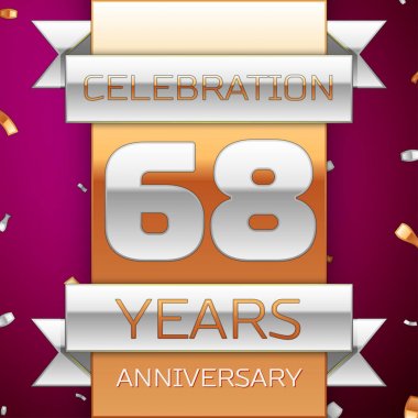Gerçekçi Altmış sekiz yıl yıldönümü kutlama tasarım. Gümüş ve altın şerit, mor zemin üzerine konfeti. Doğum günü partin için renkli vektör şablon öğeleri. Yıldönümü şerit