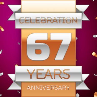 Gerçekçi altmış yedi yıl yıldönümü kutlama tasarım. Gümüş ve altın şerit, mor zemin üzerine konfeti. Doğum günü partin için renkli vektör şablon öğeleri. Yıldönümü şerit