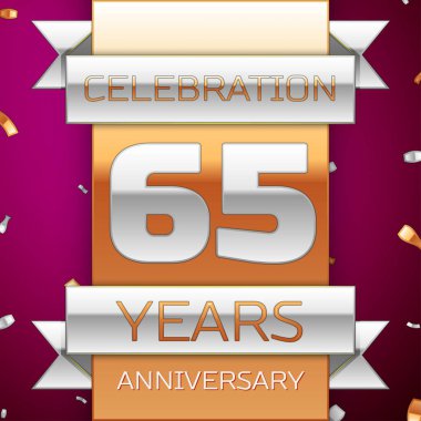 Gerçekçi altmış beş yıl yıldönümü kutlama tasarım. Gümüş ve altın şerit, mor zemin üzerine konfeti. Doğum günü partin için renkli vektör şablon öğeleri. Yıldönümü şerit