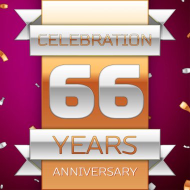 Gerçekçi altmış altı yıl yıldönümü kutlama tasarım. Gümüş ve altın şerit, mor zemin üzerine konfeti. Doğum günü partin için renkli vektör şablon öğeleri. Yıldönümü şerit