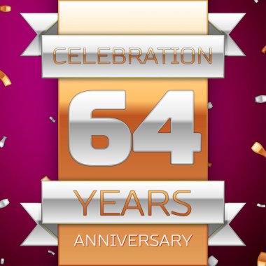 Gerçekçi altmış dört yıl yıldönümü kutlama tasarım. Gümüş ve altın şerit, mor zemin üzerine konfeti. Doğum günü partin için renkli vektör şablon öğeleri. Yıldönümü şerit