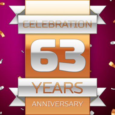 Gerçekçi altmış üç yıl yıldönümü kutlama tasarım. Gümüş ve altın şerit, mor zemin üzerine konfeti. Doğum günü partin için renkli vektör şablon öğeleri. Yıldönümü şerit