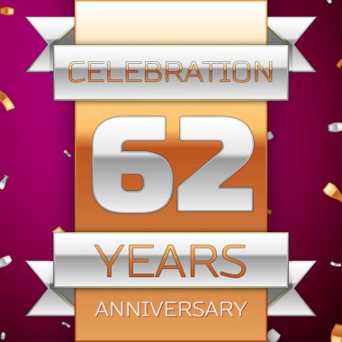 Gerçekçi altmış iki yıl yıldönümü kutlama tasarım. Gümüş ve altın şerit, mor zemin üzerine konfeti. Doğum günü partin için renkli vektör şablon öğeleri. Yıldönümü şerit