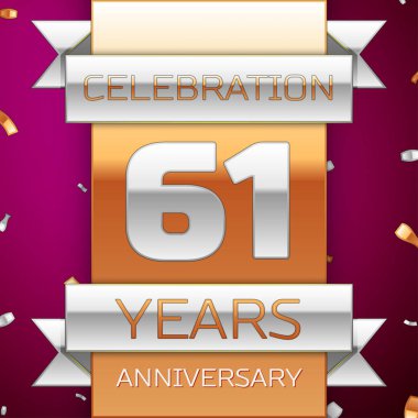 Gerçekçi altmış bir yıl yıldönümü kutlama tasarım. Gümüş ve altın şerit, mor zemin üzerine konfeti. Doğum günü partin için renkli vektör şablon öğeleri. Yıldönümü şerit