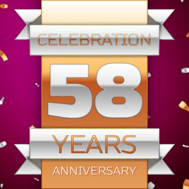 Gerçekçi elli sekiz yıl yıldönümü kutlama tasarım. Gümüş ve altın şerit, mor zemin üzerine konfeti. Doğum günü partin için renkli vektör şablon öğeleri. Yıldönümü şerit