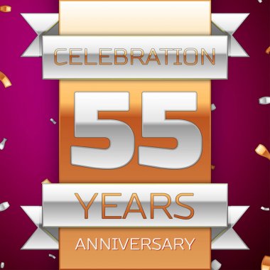 Gerçekçi elli beş yıl yıldönümü kutlama tasarım. Gümüş ve altın şerit, mor zemin üzerine konfeti. Doğum günü partin için renkli vektör şablon öğeleri. Yıldönümü şerit