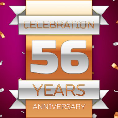 Gerçekçi elli altı yıl yıldönümü kutlama tasarım. Gümüş ve altın şerit, mor zemin üzerine konfeti. Doğum günü partin için renkli vektör şablon öğeleri. Yıldönümü şerit