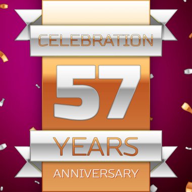 Gerçekçi elli yedi yıl yıldönümü kutlama tasarım. Gümüş ve altın şerit, mor zemin üzerine konfeti. Doğum günü partin için renkli vektör şablon öğeleri. Yıldönümü şerit