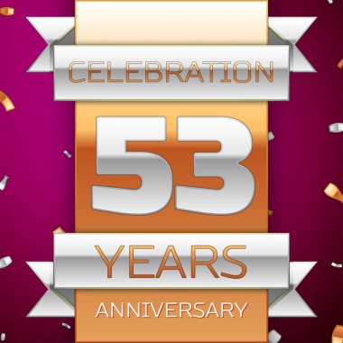 Gerçekçi elli üç yıl yıldönümü kutlama tasarım. Gümüş ve altın şerit, mor zemin üzerine konfeti. Doğum günü partin için renkli vektör şablon öğeleri. Yıldönümü şerit