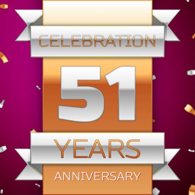 Gerçekçi elli bir yıl yıldönümü kutlama tasarım. Gümüş ve altın şerit, mor zemin üzerine konfeti. Doğum günü partin için renkli vektör şablon öğeleri. Yıldönümü şerit