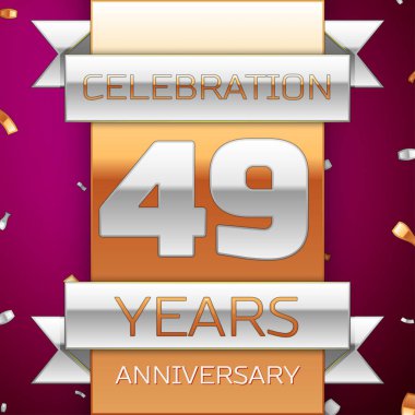 Gerçekçi kırk dokuz yıl yıldönümü kutlama tasarım. Gümüş ve altın şerit, mor zemin üzerine konfeti. Doğum günü partin için renkli vektör şablon öğeleri. Yıldönümü şerit