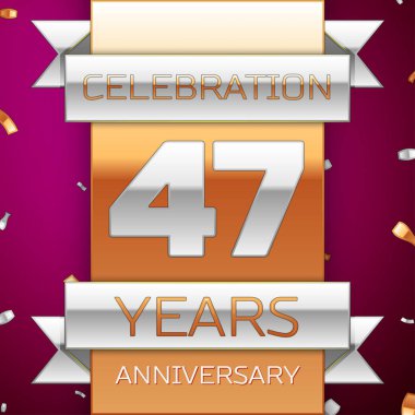 Gerçekçi kırk yedi yıl yıldönümü kutlama tasarım. Gümüş ve altın şerit, mor zemin üzerine konfeti. Doğum günü partin için renkli vektör şablon öğeleri. Yıldönümü şerit