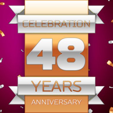 Gerçekçi kırk sekiz yıl yıldönümü kutlama tasarım. Gümüş ve altın şerit, mor zemin üzerine konfeti. Doğum günü partin için renkli vektör şablon öğeleri. Yıldönümü şerit
