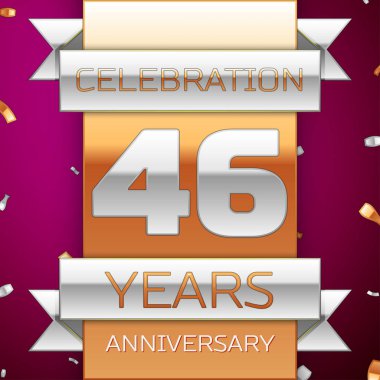 Gerçekçi kırk altı yıl yıldönümü kutlama tasarım. Gümüş ve altın şerit, mor zemin üzerine konfeti. Doğum günü partin için renkli vektör şablon öğeleri. Yıldönümü şerit