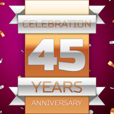 Gerçekçi kırk beş yıl yıldönümü kutlama tasarım. Gümüş ve altın şerit, mor zemin üzerine konfeti. Doğum günü partin için renkli vektör şablon öğeleri. Yıldönümü şerit