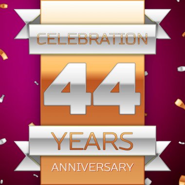 Gerçekçi kırk dört yıl yıldönümü kutlama tasarım. Gümüş ve altın şerit, mor zemin üzerine konfeti. Doğum günü partin için renkli vektör şablon öğeleri. Yıldönümü şerit
