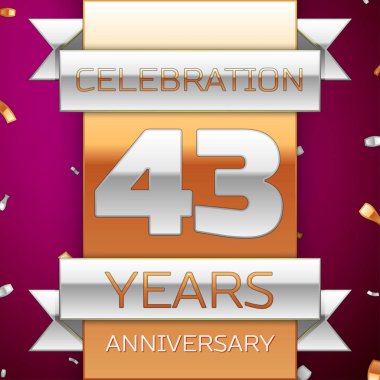 Gerçekçi kırk üç yıl yıldönümü kutlama tasarım. Gümüş ve altın şerit, mor zemin üzerine konfeti. Doğum günü partin için renkli vektör şablon öğeleri. Yıldönümü şerit