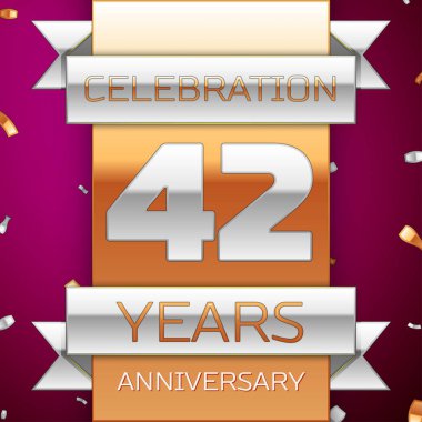 Gerçekçi kırk iki yıl yıldönümü kutlama tasarım. Gümüş ve altın şerit, mor zemin üzerine konfeti. Doğum günü partin için renkli vektör şablon öğeleri. Yıldönümü şerit