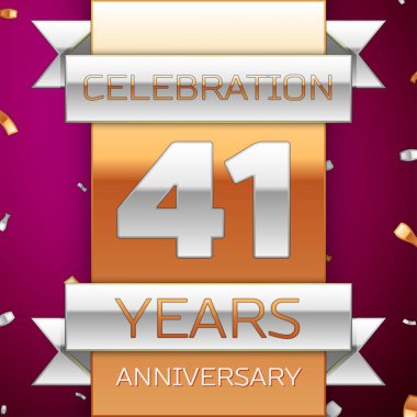Gerçekçi kırk bir yıl yıldönümü kutlama tasarım. Gümüş ve altın şerit, mor zemin üzerine konfeti. Doğum günü partin için renkli vektör şablon öğeleri. Yıldönümü şerit