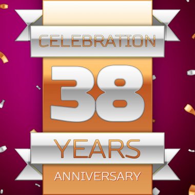 Gerçekçi otuz sekiz yıl yıldönümü kutlama tasarım. Gümüş ve altın şerit, mor zemin üzerine konfeti. Doğum günü partin için renkli vektör şablon öğeleri. Yıldönümü şerit