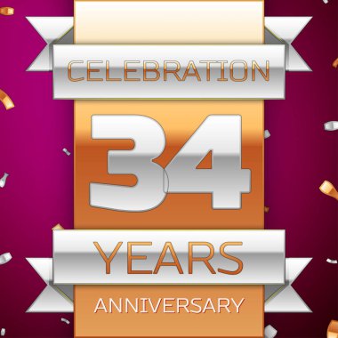 Gerçekçi otuz dört yıl yıldönümü kutlama tasarım. Gümüş ve altın şerit, mor zemin üzerine konfeti. Doğum günü partin için renkli vektör şablon öğeleri. Yıldönümü şerit