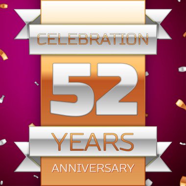 Gerçekçi elli iki yıl yıldönümü kutlama tasarım. Gümüş ve altın şerit, mor zemin üzerine konfeti. Doğum günü partin için renkli vektör şablon öğeleri. Yıldönümü şerit