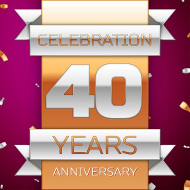 Gerçekçi kırk yıl yıldönümü kutlama tasarım. Gümüş ve altın şerit, mor zemin üzerine konfeti. Doğum günü partin için renkli vektör şablon öğeleri. Yıldönümü şerit
