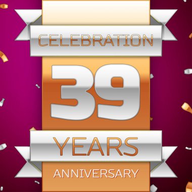 Gerçekçi otuz dokuz yıl yıldönümü kutlama tasarım. Gümüş ve altın şerit, mor zemin üzerine konfeti. Doğum günü partin için renkli vektör şablon öğeleri. Yıldönümü şerit