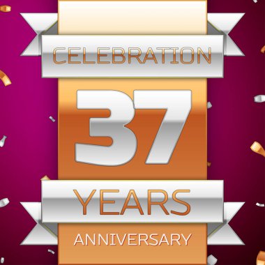 Gerçekçi otuz yedi yıl yıldönümü kutlama tasarım. Gümüş ve altın şerit, mor zemin üzerine konfeti. Doğum günü partin için renkli vektör şablon öğeleri. Yıldönümü şerit