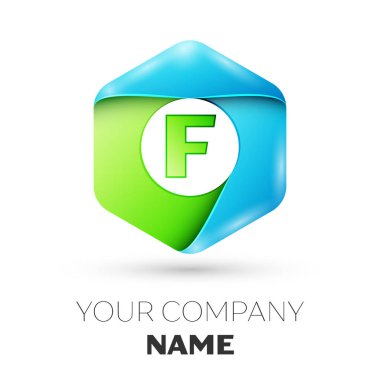 F harfi vektör logo simge renkli beyaz zemin üzerine altıgen. Tasarımınız için vektör şablonu