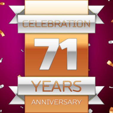 Gerçekçi yetmiş bir yıl yıldönümü kutlama tasarım. Gümüş ve altın şerit, mor zemin üzerine konfeti. Doğum günü partin için renkli vektör şablon öğeleri. Yıldönümü şerit