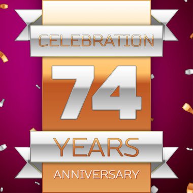 Gerçekçi Yetmiş dört yıl yıldönümü kutlama tasarım. Gümüş ve altın şerit, mor zemin üzerine konfeti. Doğum günü partin için renkli vektör şablon öğeleri. Yıldönümü şerit