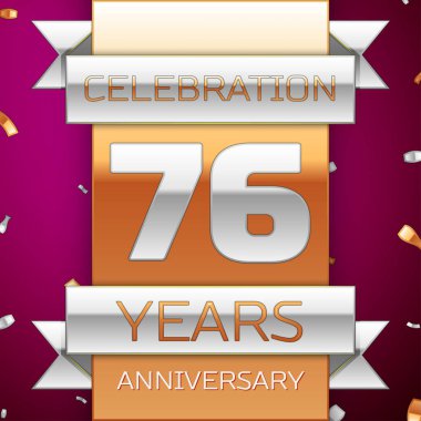 Gerçekçi yetmiş altı yıl yıldönümü kutlama tasarım. Gümüş ve altın şerit, mor zemin üzerine konfeti. Doğum günü partin için renkli vektör şablon öğeleri. Yıldönümü şerit