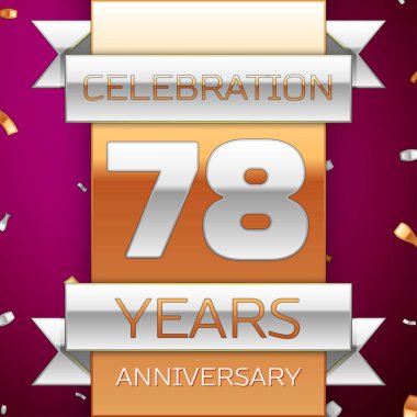 Gerçekçi yetmiş sekiz yıl yıldönümü kutlama tasarım. Gümüş ve altın şerit, mor zemin üzerine konfeti. Doğum günü partin için renkli vektör şablon öğeleri. Yıldönümü şerit