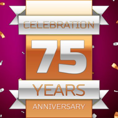Gerçekçi yetmiş beş yıl yıldönümü kutlama tasarım. Gümüş ve altın şerit, mor zemin üzerine konfeti. Doğum günü partin için renkli vektör şablon öğeleri. Yıldönümü şerit