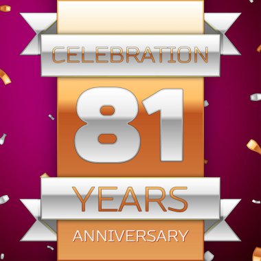 Gerçekçi seksen bir yıl yıldönümü kutlama tasarım. Gümüş ve altın şerit, mor zemin üzerine konfeti. Doğum günü partin için renkli vektör şablon öğeleri. Yıldönümü şerit