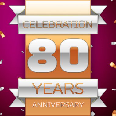 Gerçekçi seksen yıl yıldönümü kutlama tasarım. Gümüş ve altın şerit, mor zemin üzerine konfeti. Doğum günü partin için renkli vektör şablon öğeleri. Yıldönümü şerit