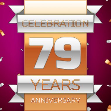 Gerçekçi yetmiş dokuz yıl yıldönümü kutlama tasarım. Gümüş ve altın şerit, mor zemin üzerine konfeti. Doğum günü partin için renkli vektör şablon öğeleri. Yıldönümü şerit