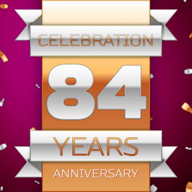 Gerçekçi seksen dört yıl yıldönümü kutlama tasarım. Gümüş ve altın şerit, mor zemin üzerine konfeti. Doğum günü partin için renkli vektör şablon öğeleri. Yıldönümü şerit