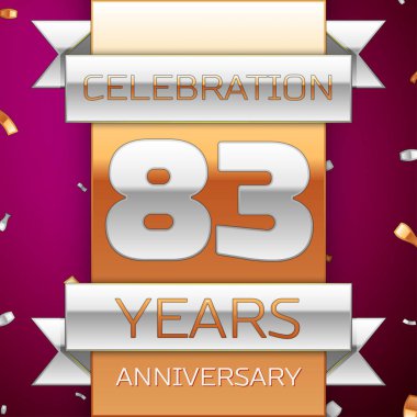 Gerçekçi seksen üç yıl yıldönümü kutlama tasarım. Gümüş ve altın şerit, mor zemin üzerine konfeti. Doğum günü partin için renkli vektör şablon öğeleri. Yıldönümü şerit